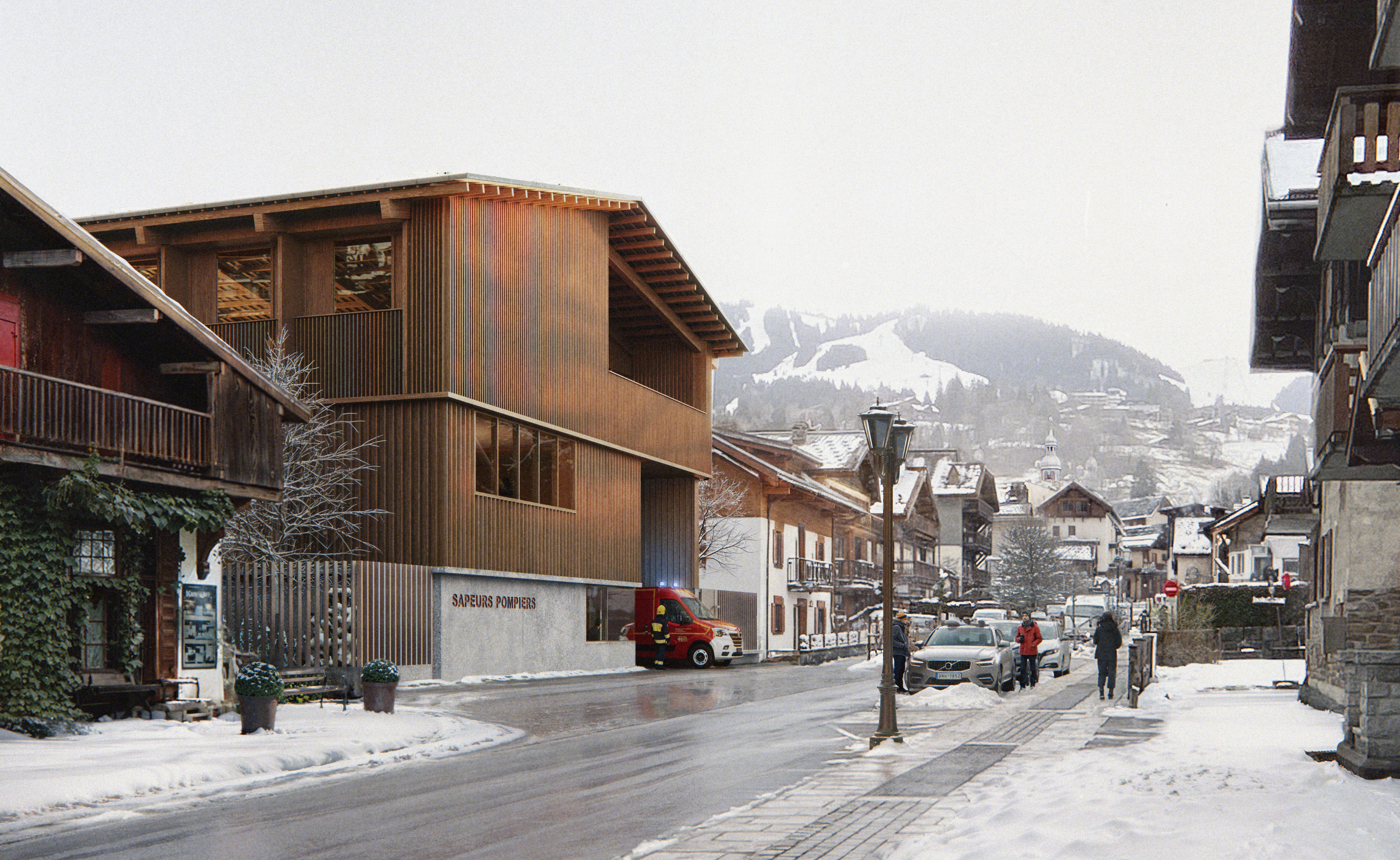 Perspective du futur centre de secours de Megève/Praz-sur-Arly/Demi-Quartier/Comboux vu depuis la rue Ambroise Martin - Groupements d'architectes Bamaa et Link