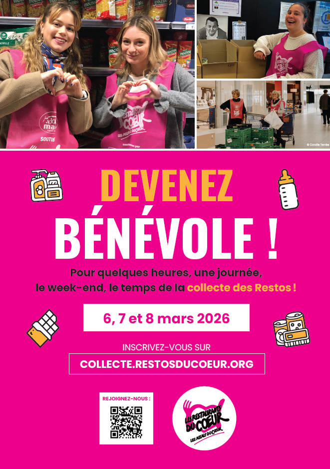 Affiche Devenez bénévole ! pour les collectes des restos du cœur 2026 - Restaurants du cœur