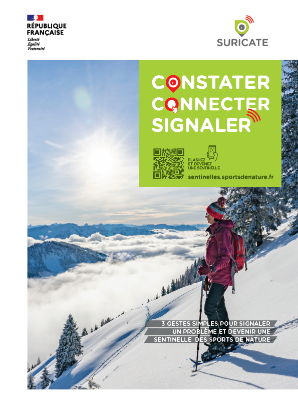 Affiche &quot;Application Suricate&quot; Application Suricate téléchargeable sur AppStore ou Google Play © Pôle ressources national sports de nature/Ministère des Sports/Jeux olympiques et paralympiques