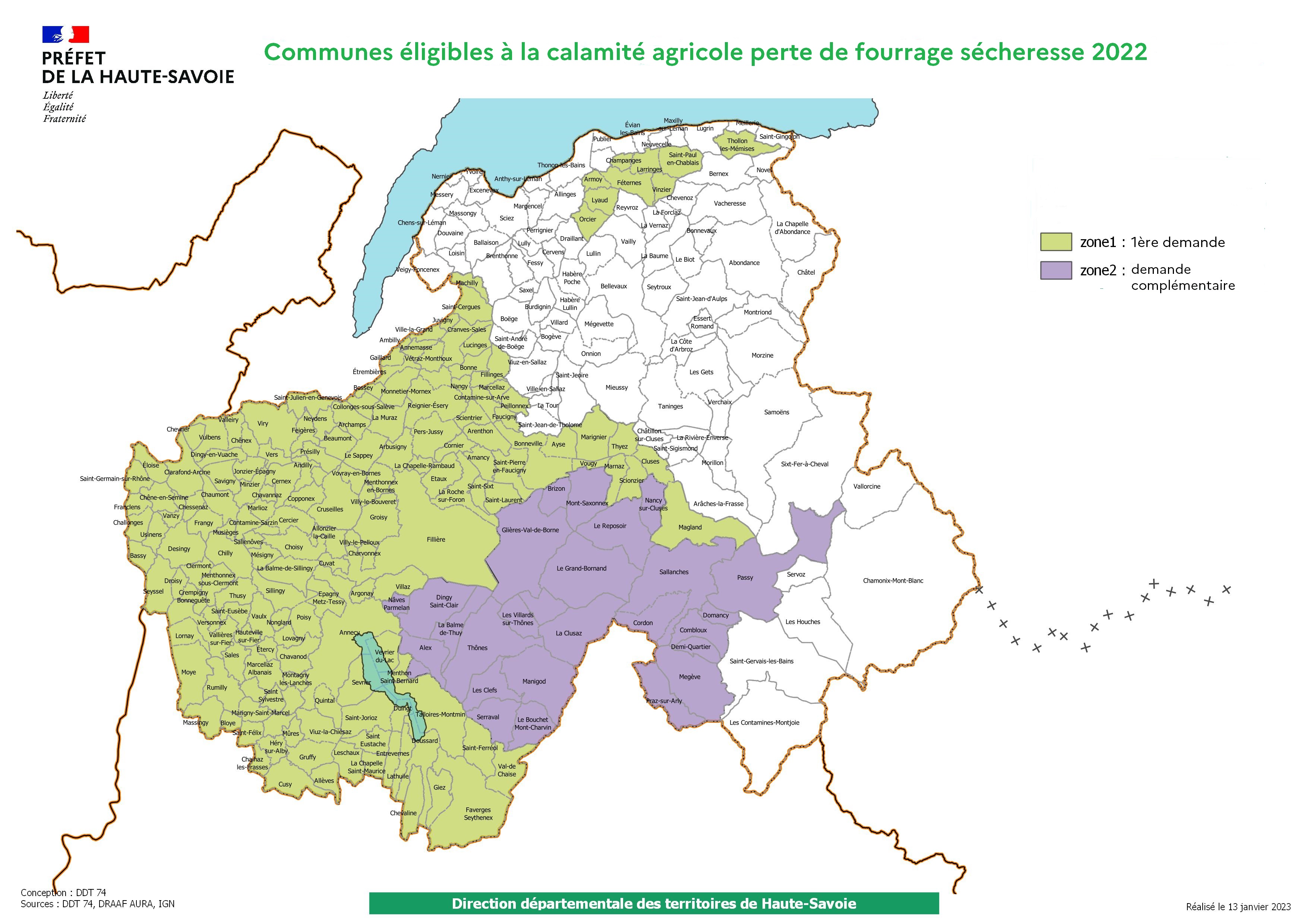 Carte recensant le communes éligibles à la calamité agricole, à la suite des pertes de fourrage connues résultant de la sécheresse de 2022 © Préfecture de la Haute-Savoie