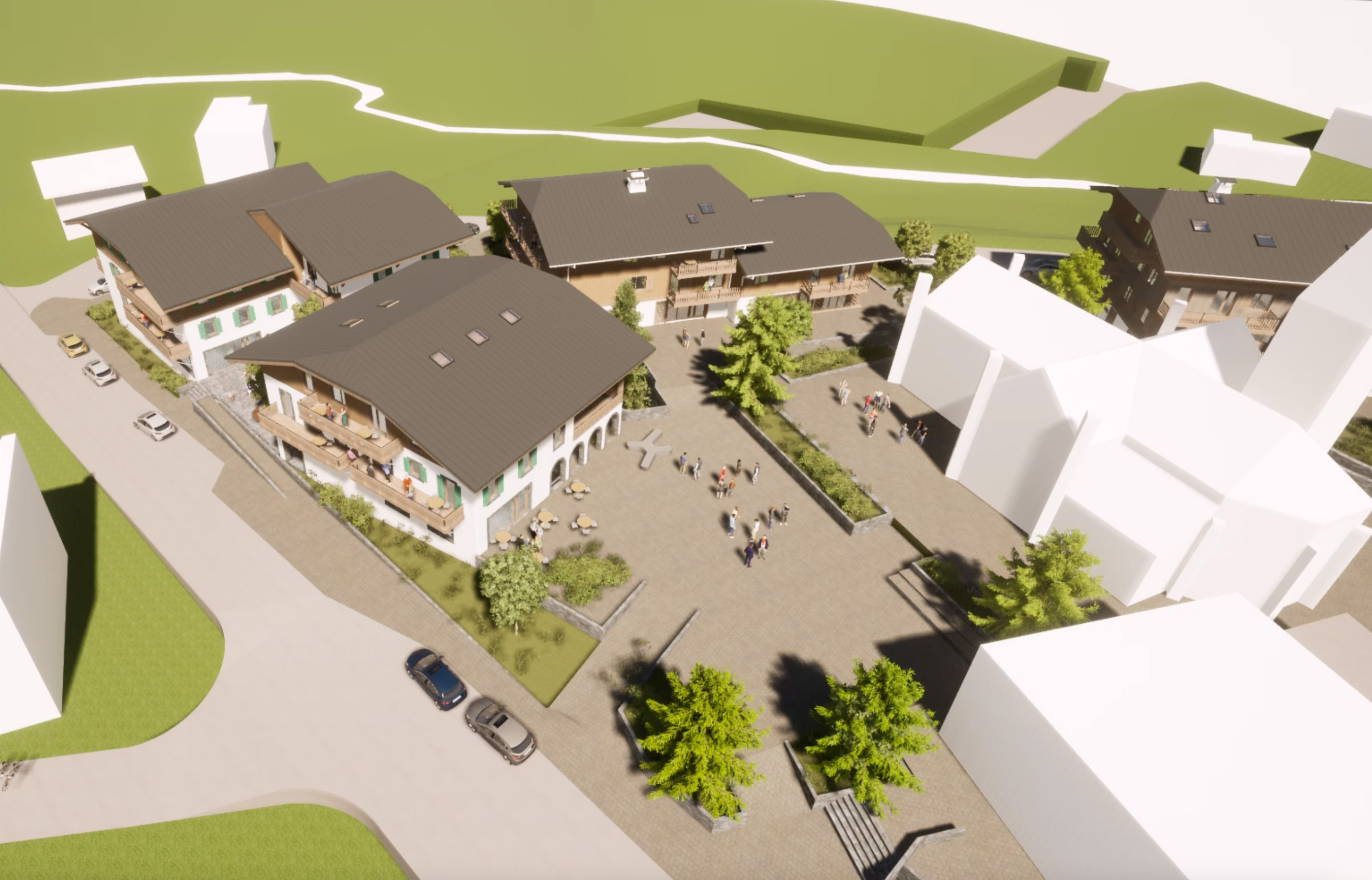 Le visage du futur quartier piétonnier de Praz sur Arly devant l'église.