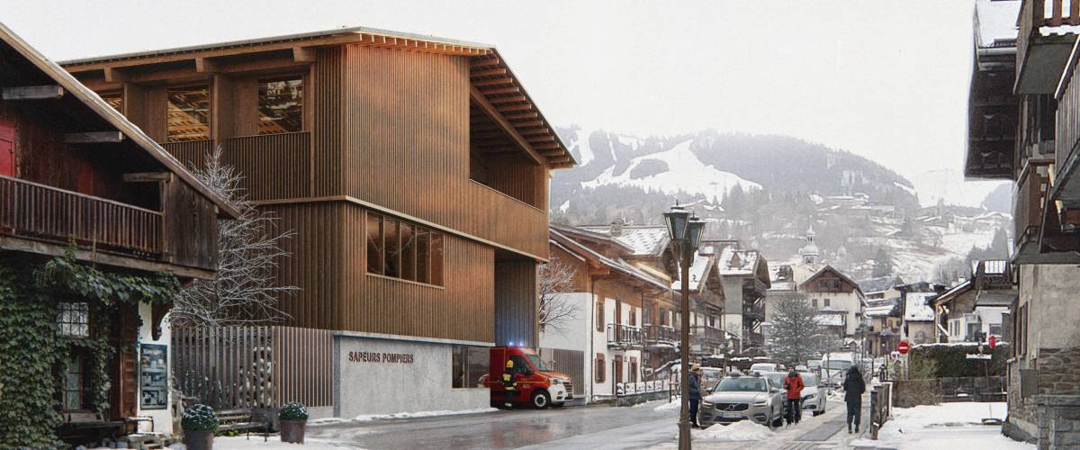 Perspective du futur centre de secours de Megève/Praz-sur-Arly/Demi-Quartier/Comboux vu depuis la rue Ambroise Martin - Groupements d'architectes Bamaa et Link