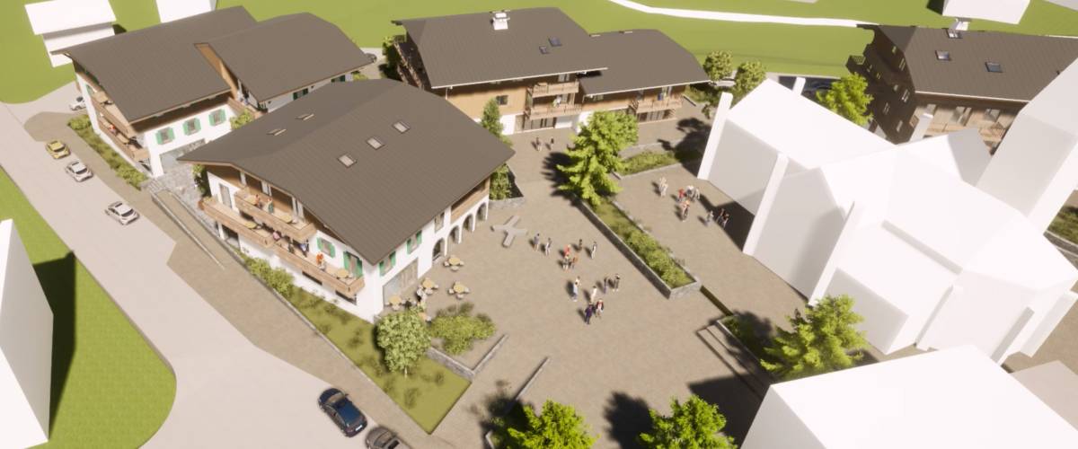 Le visage du futur quartier piétonnier de Praz sur Arly devant l'église.