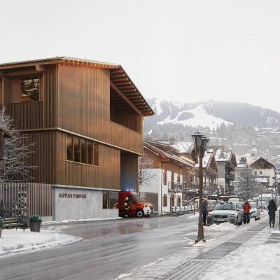 Perspective du futur centre de secours de Megève/Praz-sur-Arly/Demi-Quartier/Comboux vu depuis la rue Ambroise Martin - Groupements d'architectes Bamaa et Link