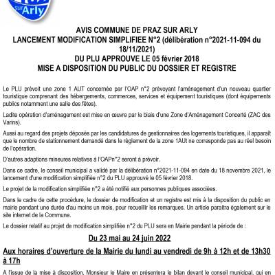 Avis modification simplifiée 2 PLU PRAZ SUR ARLY
