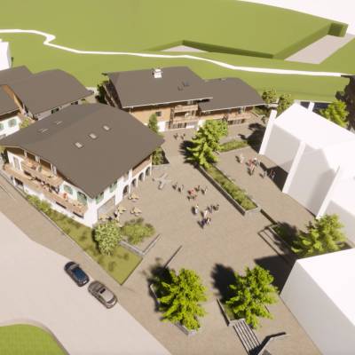 Le visage du futur quartier piétonnier de Praz sur Arly devant l'église.