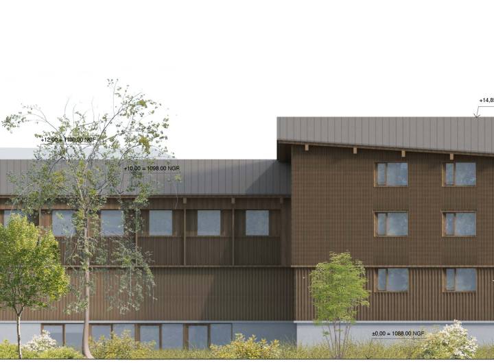 Façade Est du futur centre de secours de Megève/Praz-sur-Arly/Demi-Quartier/Comboux - Groupements d'architectes Bamaa et Link