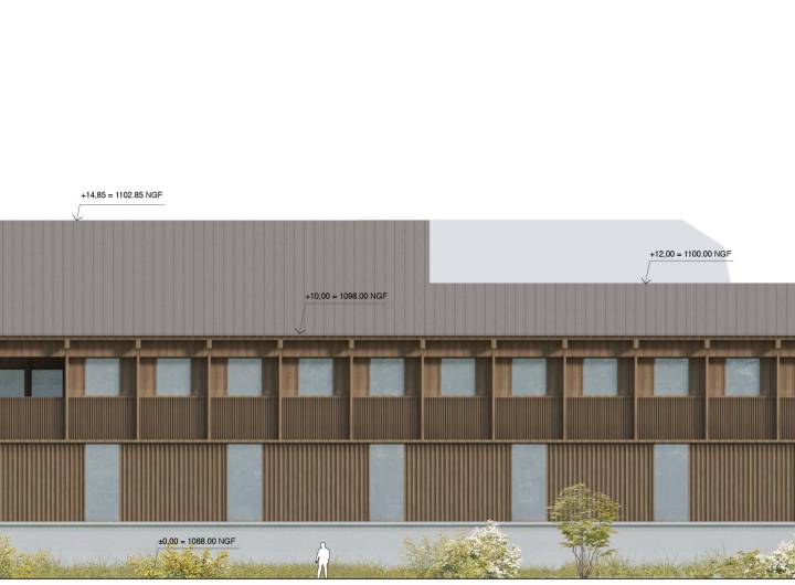 Façade Ouest du futur centre de secours de Megève/Praz-sur-Arly/Demi-Quartier/Comboux - Groupements d'architectes Bamaa et Link