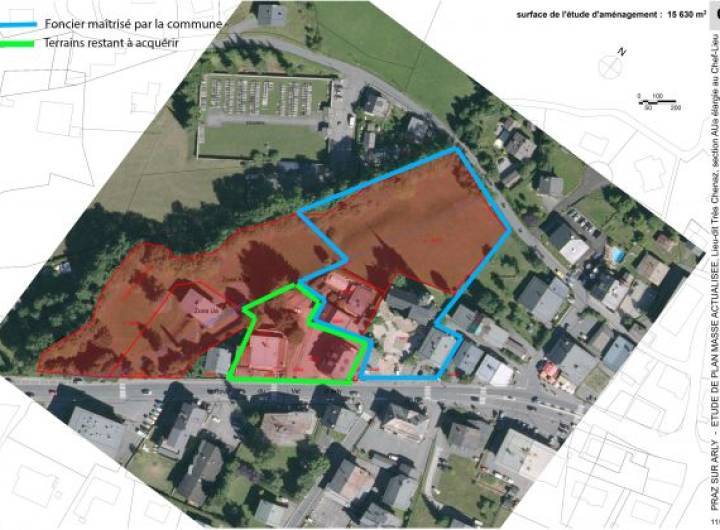 En bleu : le foncier communal (en direct ou via l'EPF). En vert : celui qui reste à acquérir