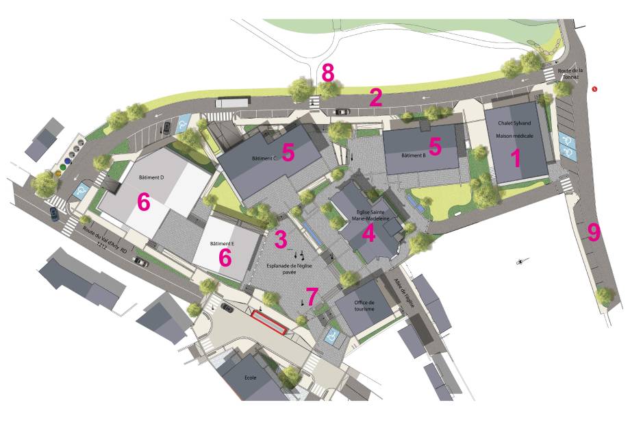 Centre-village piétonnier : plan masse actualisé en juillet 2023_Atelier paysager+Infraroute annote par yj.jpg