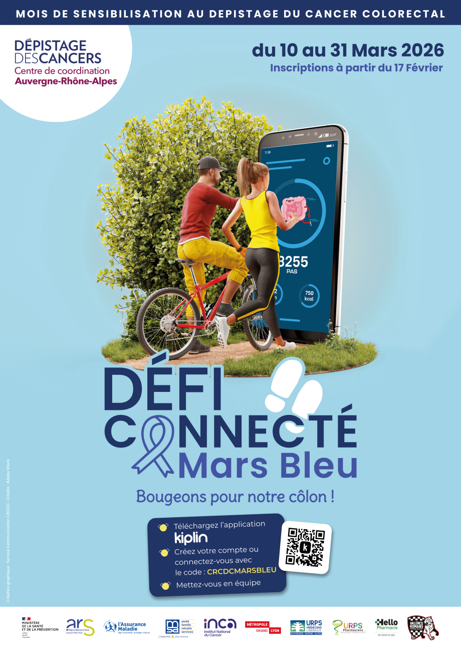 Affiche du défi connecté de Mars bleu « Bougeons pour notre côlon ! » - Dépistage des cancers Centre de coordination AuRA