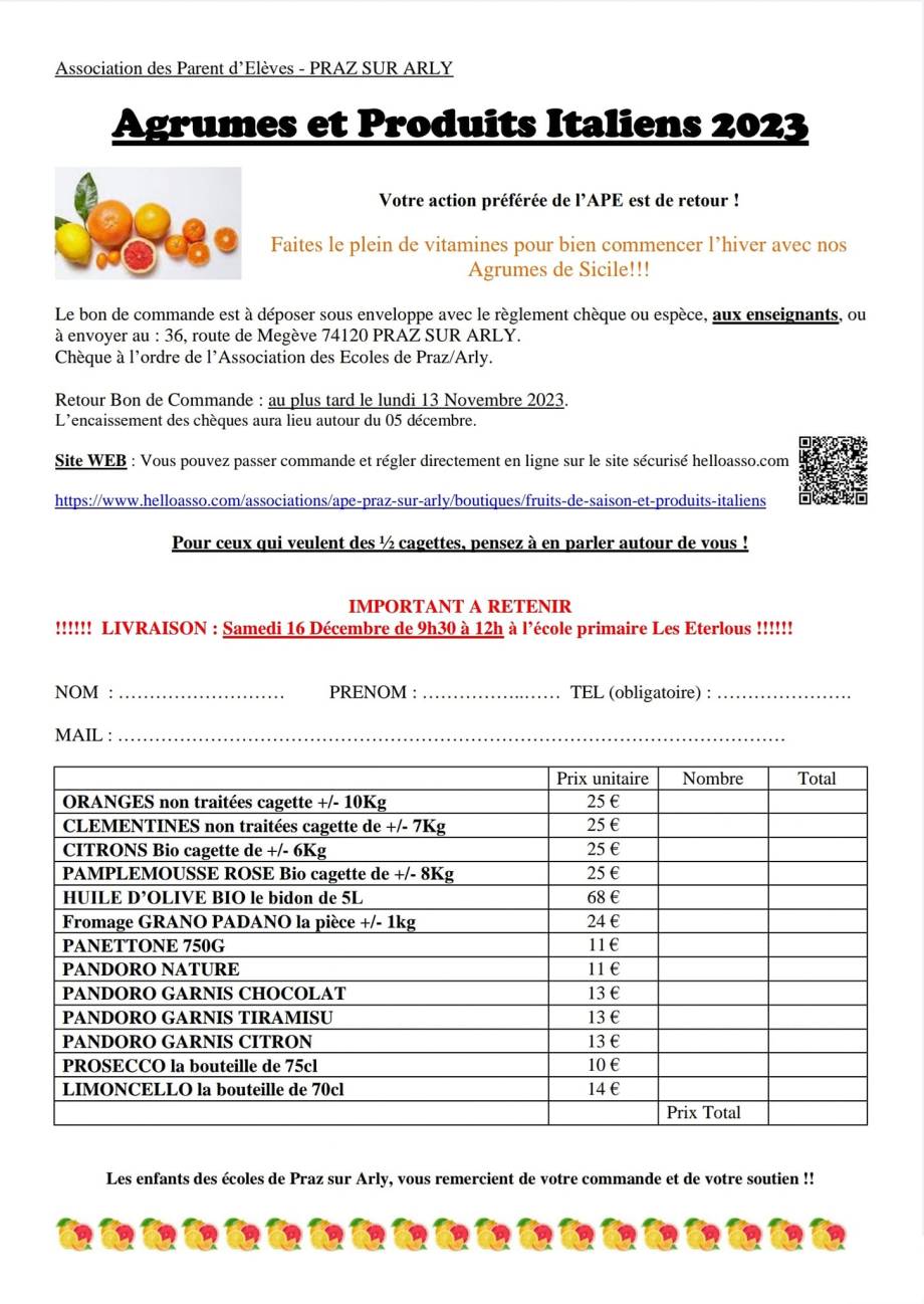 Bon de commande agrumes et produits italiens 2023