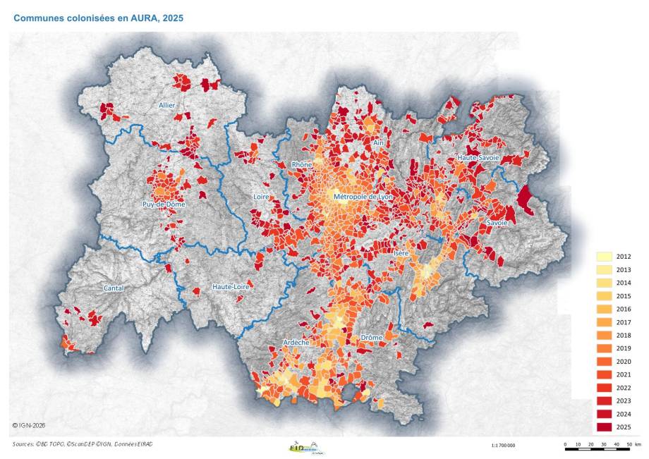 Communes colonisées en Auvergne-Rhône-Alpes en 2025 - ARS AuRA