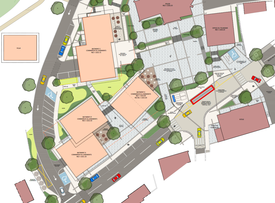 Centre-village piétonnier de Praz sur Arly : extrait du plan masse de faisabilité