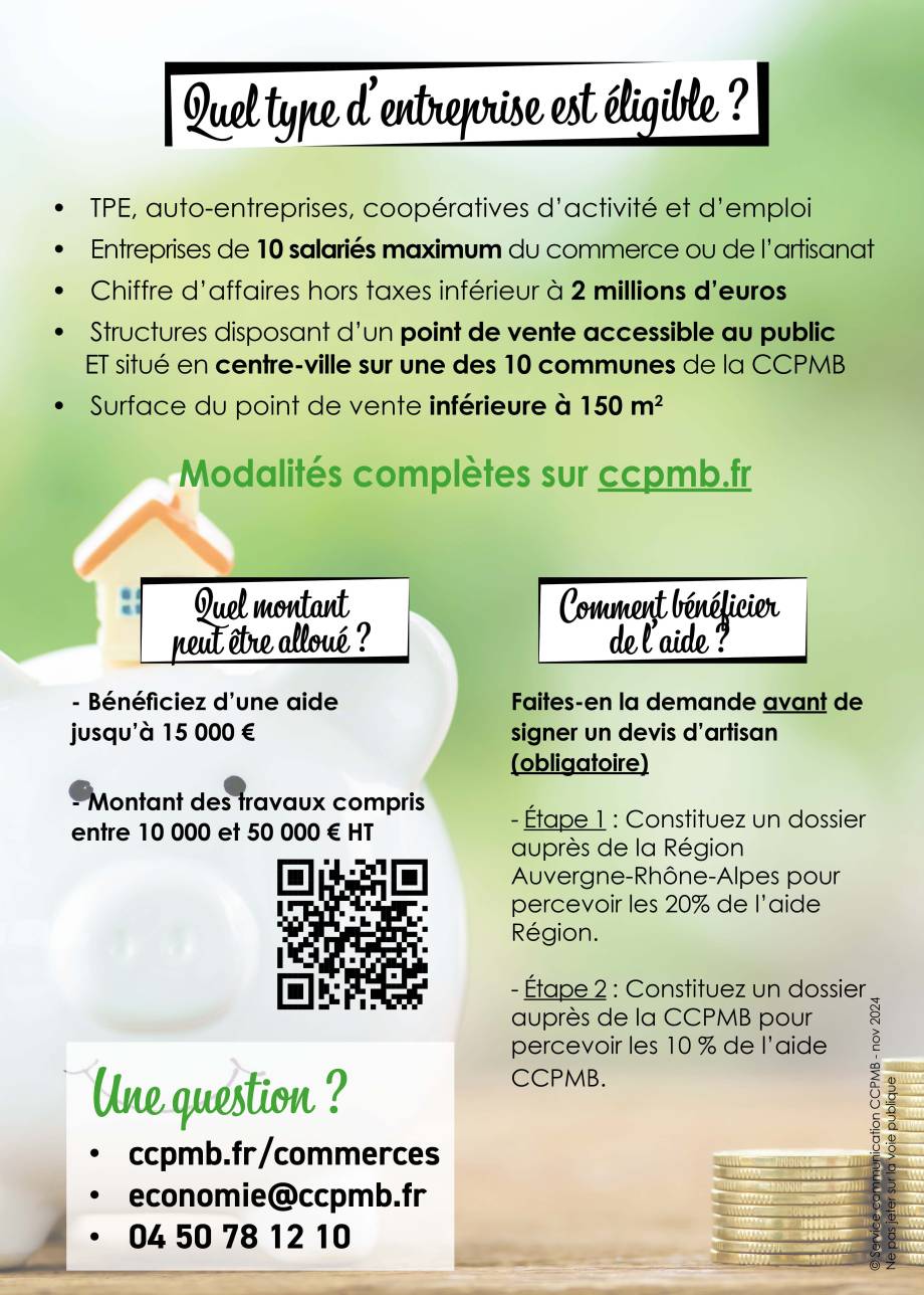 Flyer &quot;Aide des commerces et des artisans&quot; mise en place par la Région AuRa et la CCPMB