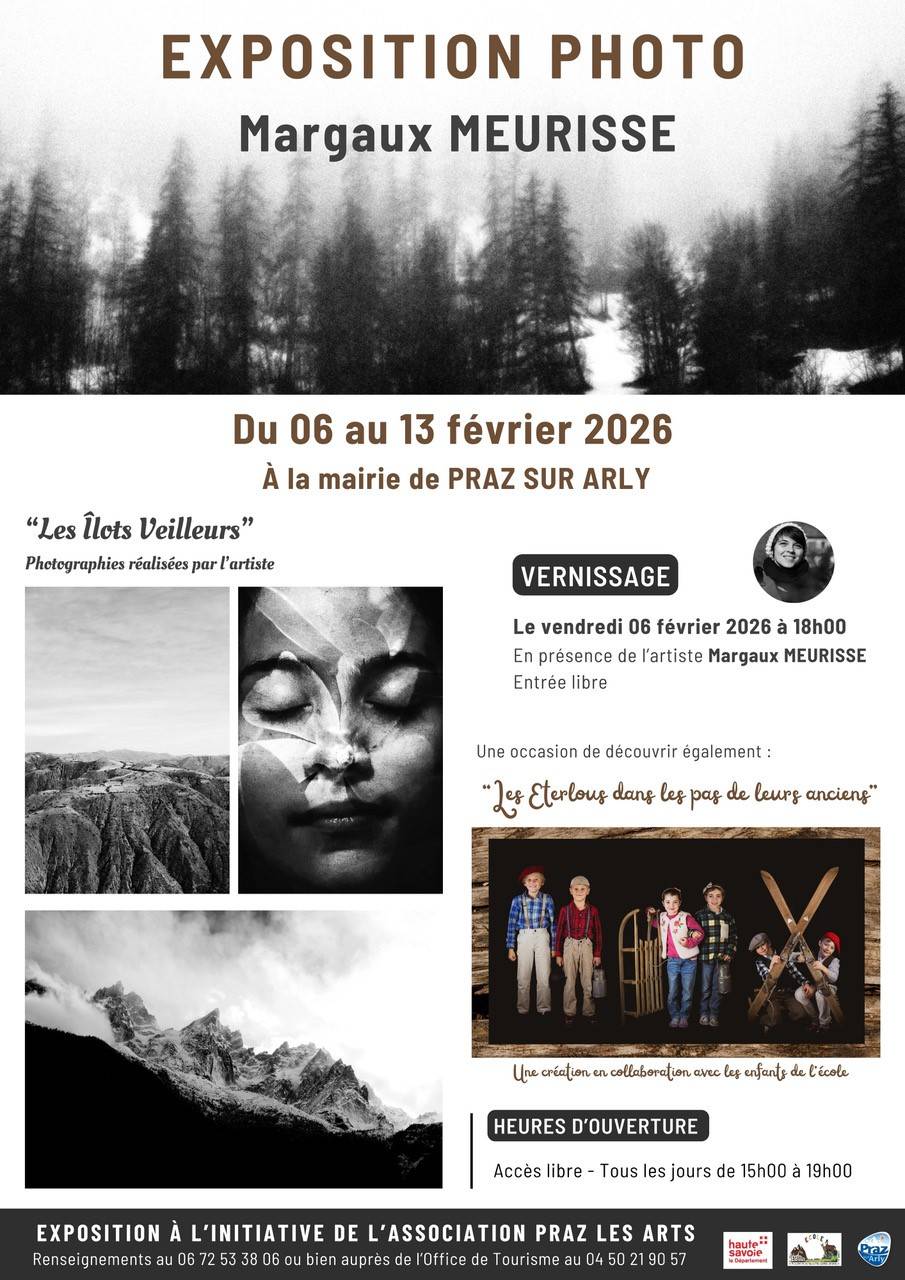 Flyer rogné des expositions photographiques « Les îlots veilleurs » et « Les Éterlous dans les pas de leurs anciens »  en mairie du ​06 au 13/02/2026 - Conception graphique Émilie Rigaud / Bloom Gestion + Photographies Margaux Meurisse