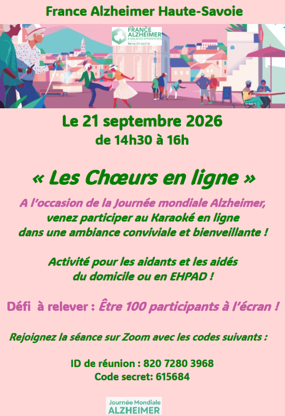 Flyer Journée Mondiale Alzheimer le 21/09/2026 : les Chœurs en ligne - France Alzheimer Haute-Savoie