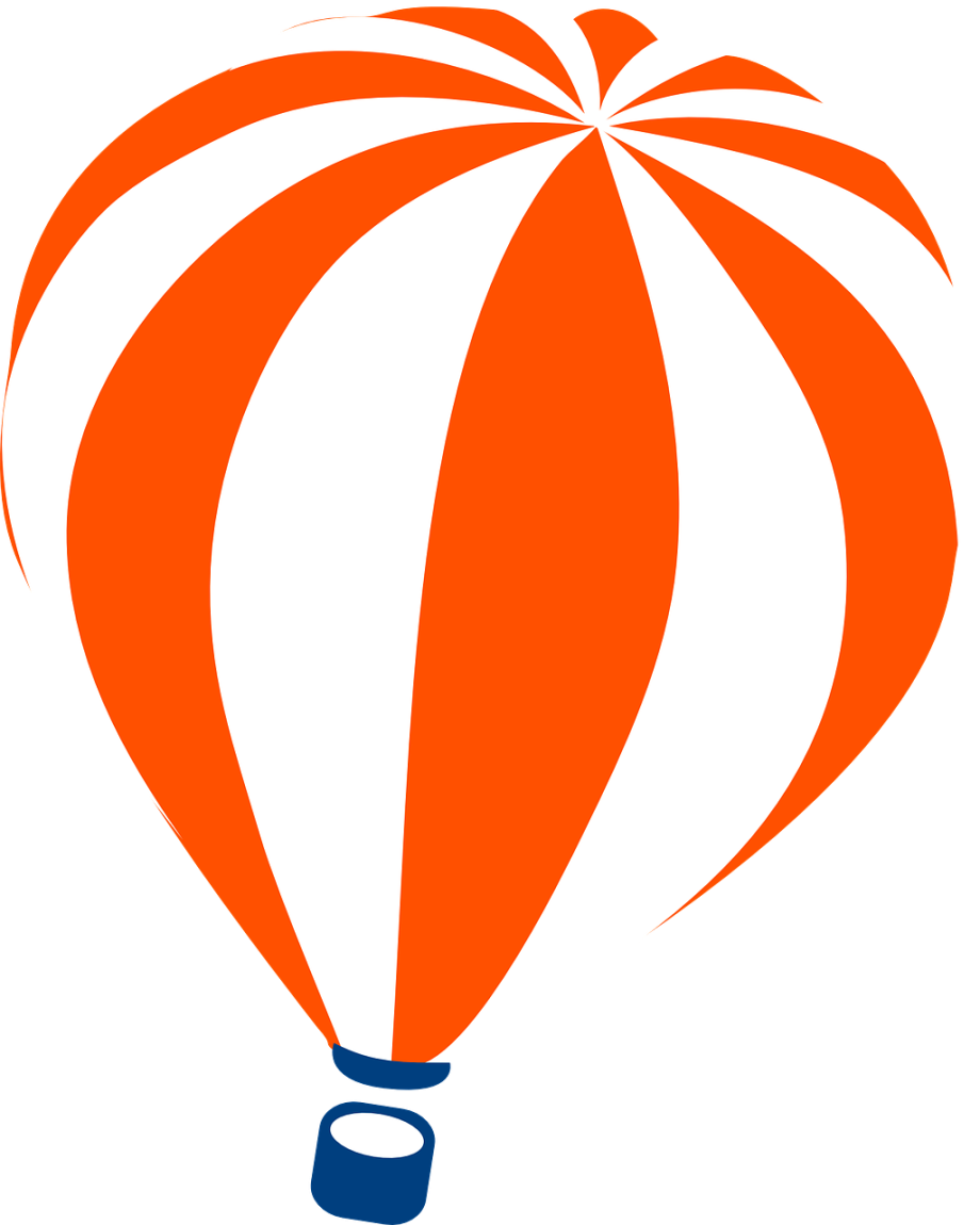 Montgolfière striée, blanche et orange, avec panier bleu