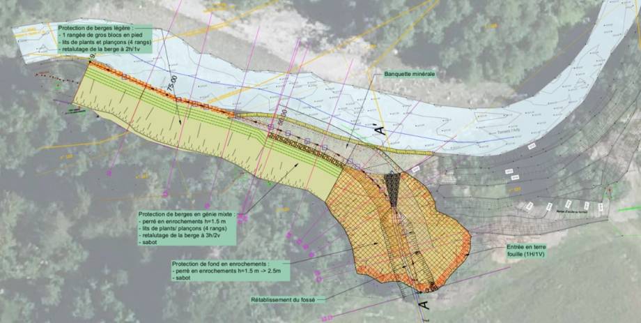 Confortement d'une berge de l'Arly en amont du lac, vu depuis Intermarché - Mont-Blanc Matériaux