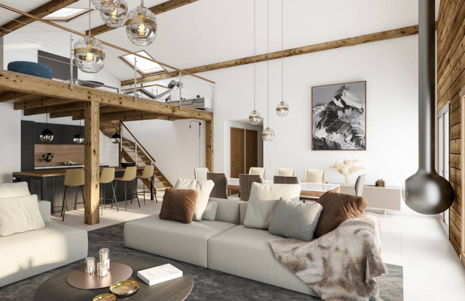 Centre-village piétonnier : vue sur un séjour de la résidence &quot;Le Pratz&quot;